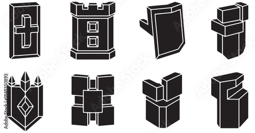 Collection of stylized chess piece icons in silhouette, representing different game elements and strategy.