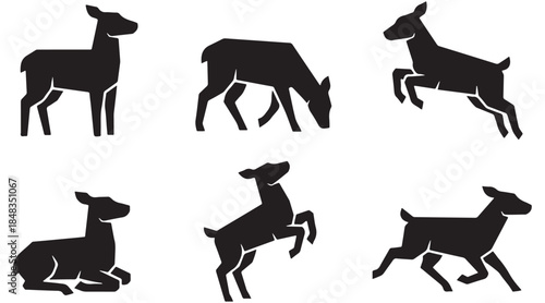 Collection of six black silhouettes of deer in various poses, including standing, grazing, jumping, lying down, and running.