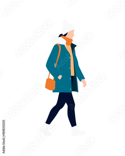 Flat vector people and illustration, woman with casual winter outfit