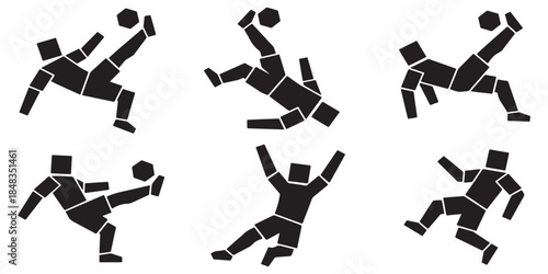 Set of six stylized black silhouettes of soccer players performing acrobatic kicks and moves with a ball.
