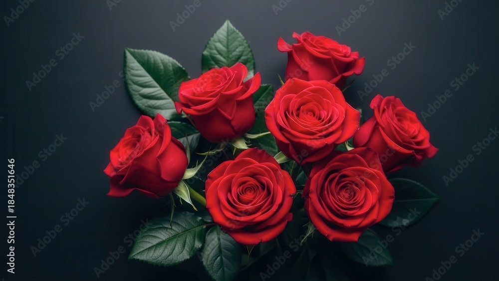 Obraz premium Vibrant bouquet of red roses on dark background
