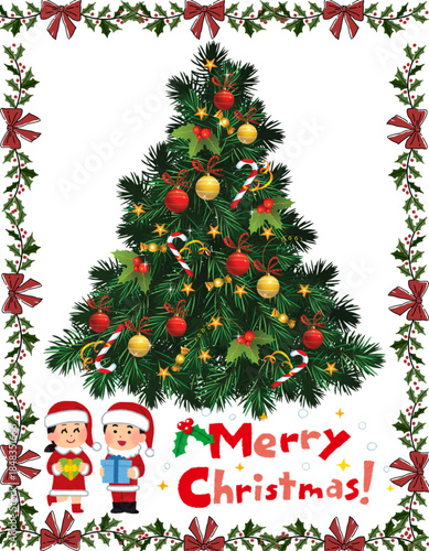 Festive Christmas Tree with Ornaments, Gift-Giving Children, and Holly Border Illustration
