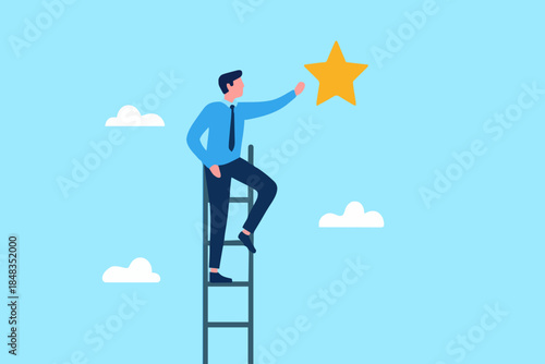 Business opportunity, ladder of success or aspiration to achieve business goal concept, ambitious businessman climbing ladder to the the top and reaching for the shining star.