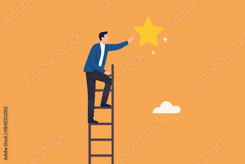 Business opportunity, ladder of success or aspiration to achieve business goal concept, ambitious businessman climbing ladder to the the top and reaching for the shining star.
