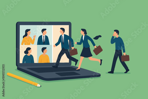 Hybrid work, remotely work from home virtually or work in office onsite, flexible for employee benefit concept, businessman and his colleague virtually get into the computer laptop conference meeting.