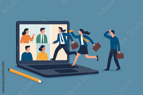 Hybrid work, remotely work from home virtually or work in office onsite, flexible for employee benefit concept, businessman and his colleague virtually get into the computer laptop conference meeting.