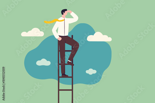 Ladder of success, vision to lead business to achieve goal or opportunity in career concept, smart confident businessman leader climb up to reach top of ladder high in the sky look forward to future.