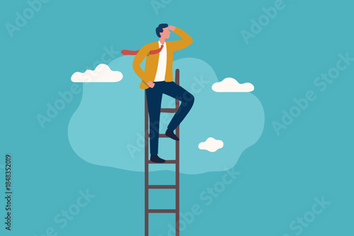 Ladder of success, vision to lead business to achieve goal or opportunity in career concept, smart confident businessman leader climb up to reach top of ladder high in the sky look forward to future.