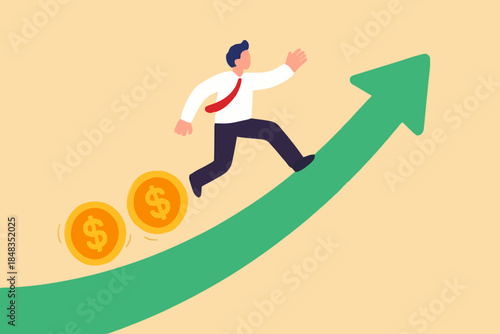 Investment profit and earning, stock market growth or fund flow depend on interest rate and inflation concept, businessman investor, fund manager holding flag lead money coins running up rising graph.