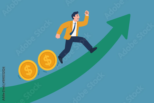 Investment profit and earning, stock market growth or fund flow depend on interest rate and inflation concept, businessman investor, fund manager holding flag lead money coins running up rising graph.