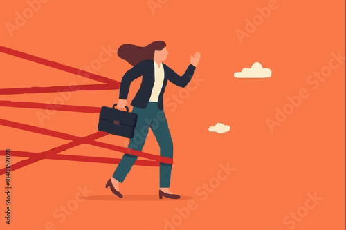 Gender barrier, woman career obstacle or inequality, limitation or discrimination, effort to overcome difficulty concept, strong businesswoman try with full effort to break red tape to growing in work