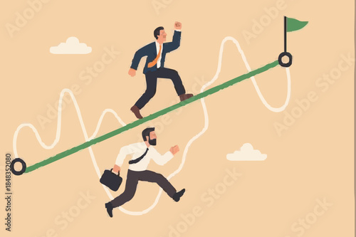Easy or shortcut way to win business success or hard path and obstacle concept, businessmen competing with smart guy running on straight easy way and other on hard messy path.