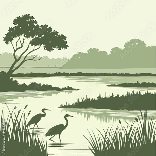 Herons in a tranquil wetland