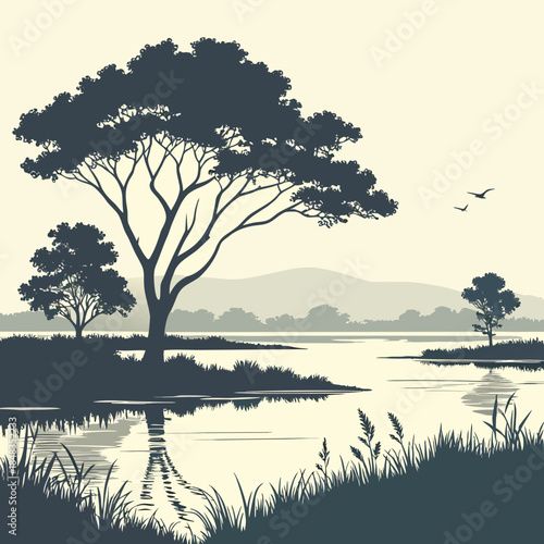 Serene lakeside tree silhouette