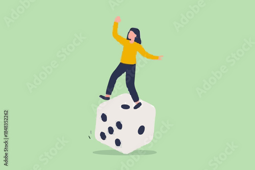 Investment risk, stock trader, gambling, uncertainty, possibility of losing money or make a profit from investment concept, greedy investor man dare trying to balance himself on spinning unstable dice