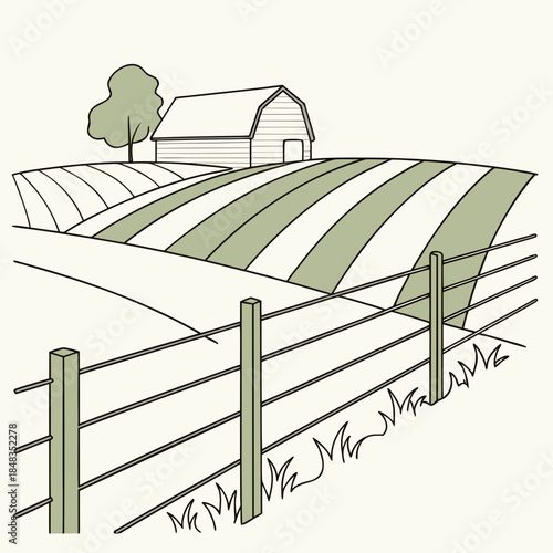 Rural landscape with barn and fence