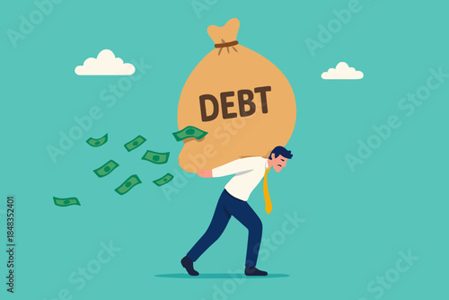 Debt burden, financial obligation or loan payment, heavy load of money failure, mortgage or borrowing money problem concept, tried businessman carrying big debt money bag losing money banknotes.