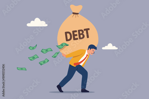 Debt burden, financial obligation or loan payment, heavy load of money failure, mortgage or borrowing money problem concept, tried businessman carrying big debt money bag losing money banknotes.