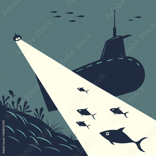 Submarine illuminating underwater scene