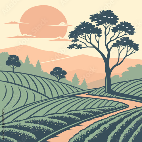 Serene sunset over rolling fields