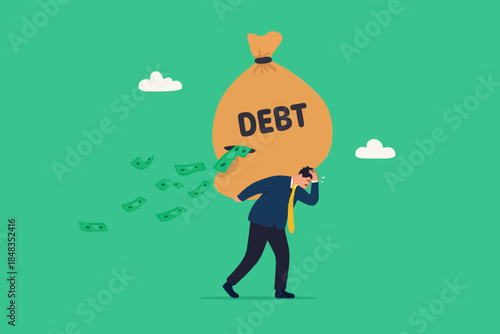 Debt burden, financial obligation or loan payment, heavy load of money failure, mortgage or borrowing money problem concept, tried businessman carrying big debt money bag losing money banknotes.