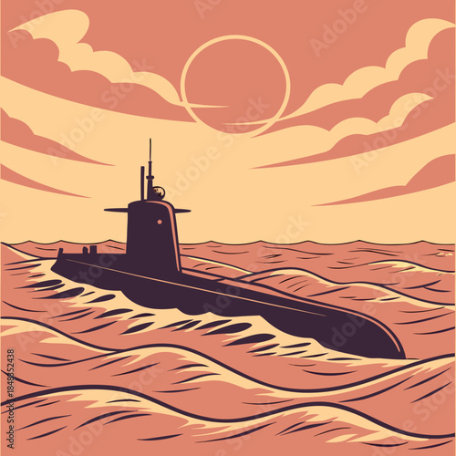 Submarine navigating sunset waters