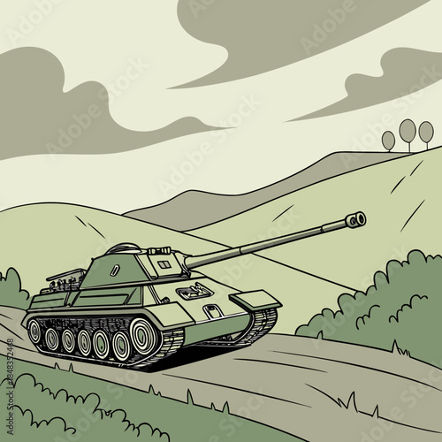 Tank in action across hilly terrain