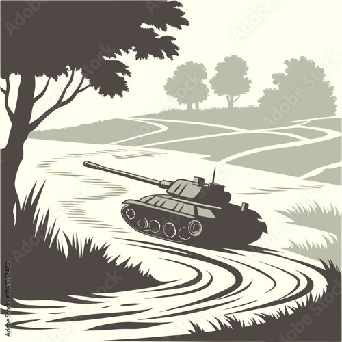 Tank navigating through countryside