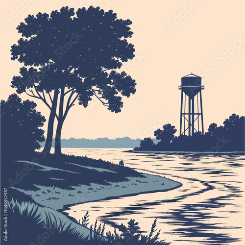 Serene riverside landscape with water tower