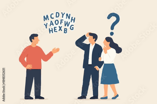 Jargon, communicate with technical word or hard to understand language, complicated conversation, difficult to explain, businessman talk with jargon word in speech bubble dialog make other confused.