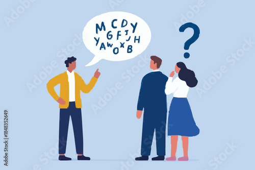 Jargon, communicate with technical word or hard to understand language, complicated conversation, difficult to explain, businessman talk with jargon word in speech bubble dialog make other confused.