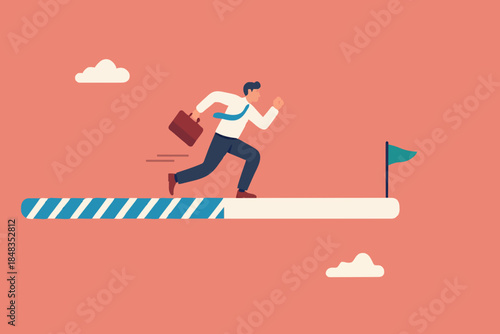 Progress or journey to success or achieve goal, business step or career path, mission or challenge to succeed, improvement concept, ambitious businessman run on progress bar to achieve success flag.
