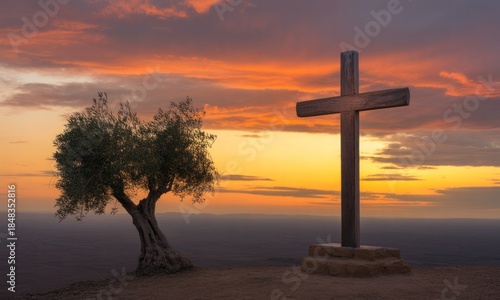 Wallpaper Mural A weathered wooden cross stands sentinel against a vibrant sunset, with a lone olive tree at its side on a high vantage point Torontodigital.ca
