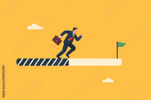 Progress or journey to success or achieve goal, business step or career path, mission or challenge to succeed, improvement concept, ambitious businessman run on progress bar to achieve success flag.