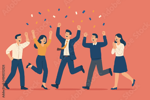 Employee, organization or company worker, team or teamwork success together, staff partnership or community concept, success businessman, businesswoman colleague high five for winning celebration.