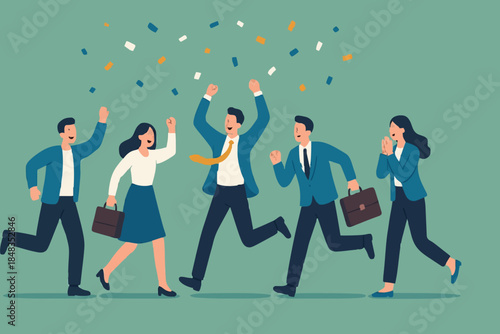 Employee, organization or company worker, team or teamwork success together, staff partnership or community concept, success businessman, businesswoman colleague high five for winning celebration.