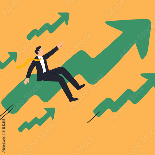 Stock market price rising up skyrocket in bull market, positive growing up business or ambition for winner investor concept, confidence businessman riding fast speed green rising up graph to the top.