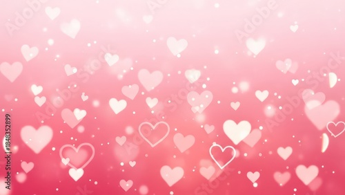 Romantic pink background with floating hearts and sparkles