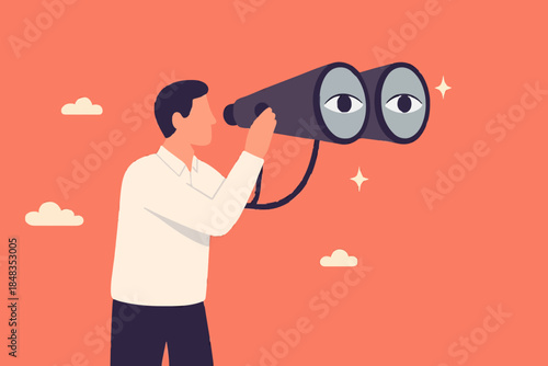Observation, search for opportunity, curiosity or surveillance, inspect or discover new business, job search or hr finding candidate concept, curious businessman look through binoculars with big eyes.