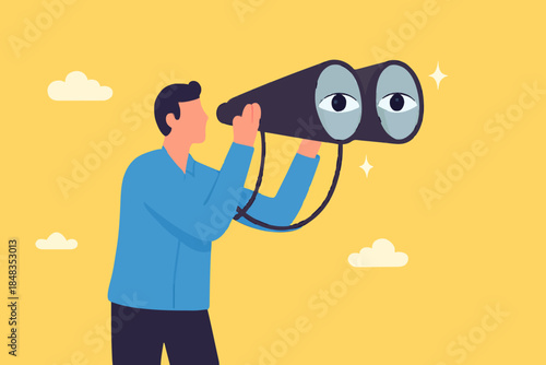 Observation, search for opportunity, curiosity or surveillance, inspect or discover new business, job search or hr finding candidate concept, curious businessman look through binoculars with big eyes.