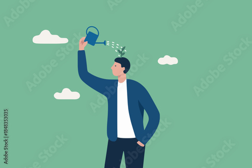 Self improvement, growth mindset, positive attitude to learn new knowledge improvement for business problem concept, smart businessman learner using watering can to water growing seedling on his head.