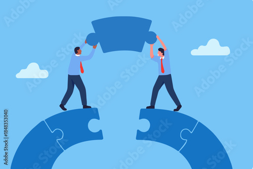 Business teamwork and partnership help to achieve team success, think together to solve business problem, business connection concept, businessmen working team building connect jigsaw puzzle bridge.