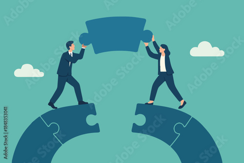 Business teamwork and partnership help to achieve team success, think together to solve business problem, business connection concept, businessmen working team building connect jigsaw puzzle bridge.