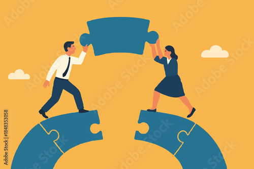 Business teamwork and partnership help to achieve team success, think together to solve business problem, business connection concept, businessmen working team building connect jigsaw puzzle bridge.