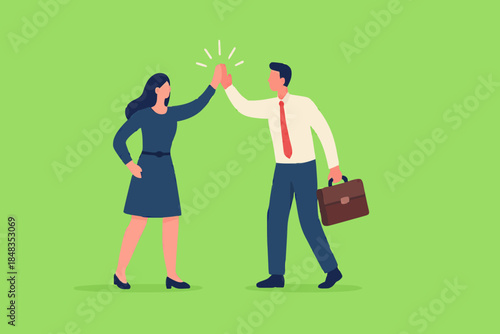 Team success winners, hi five or congratulation on business goal achievement, collaboration or encouragement concept, happy businessman and woman teamwork coworkers jumping and hi five clapping hands.