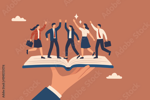 Employee handbook, manual for onboarding new staff, procedure or rule for welcome new hire to know company, business manual for success concept, businessman hand holding handbook with new employees.