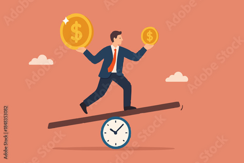 Time value of money, sum of money worth more now at present time than future, inflation or earning cost, value depend on time, businessman investor holding money big and small coin on clock seesaw.