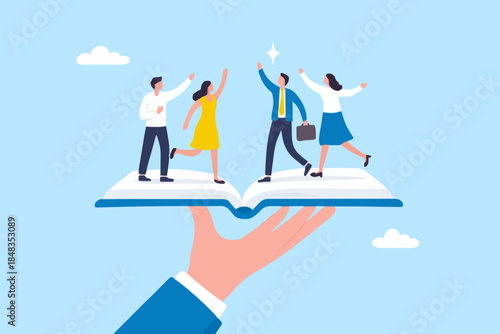 Employee handbook, manual for onboarding new staff, procedure or rule for welcome new hire to know company, business manual for success concept, businessman hand holding handbook with new employees.