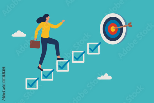 Personal development plan for career success, build specialist skill or competence to motivate and achieve business target concept, smart businesswoman walk up checklist as staircase to achieve target