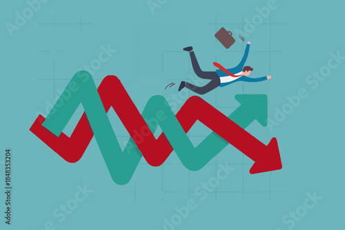Financial investment volatility, uncertainty or change in business and stock market due to Coronavirus crisis concept, businessman investor fall on uncertainty, volatile up and down arrow profit graph